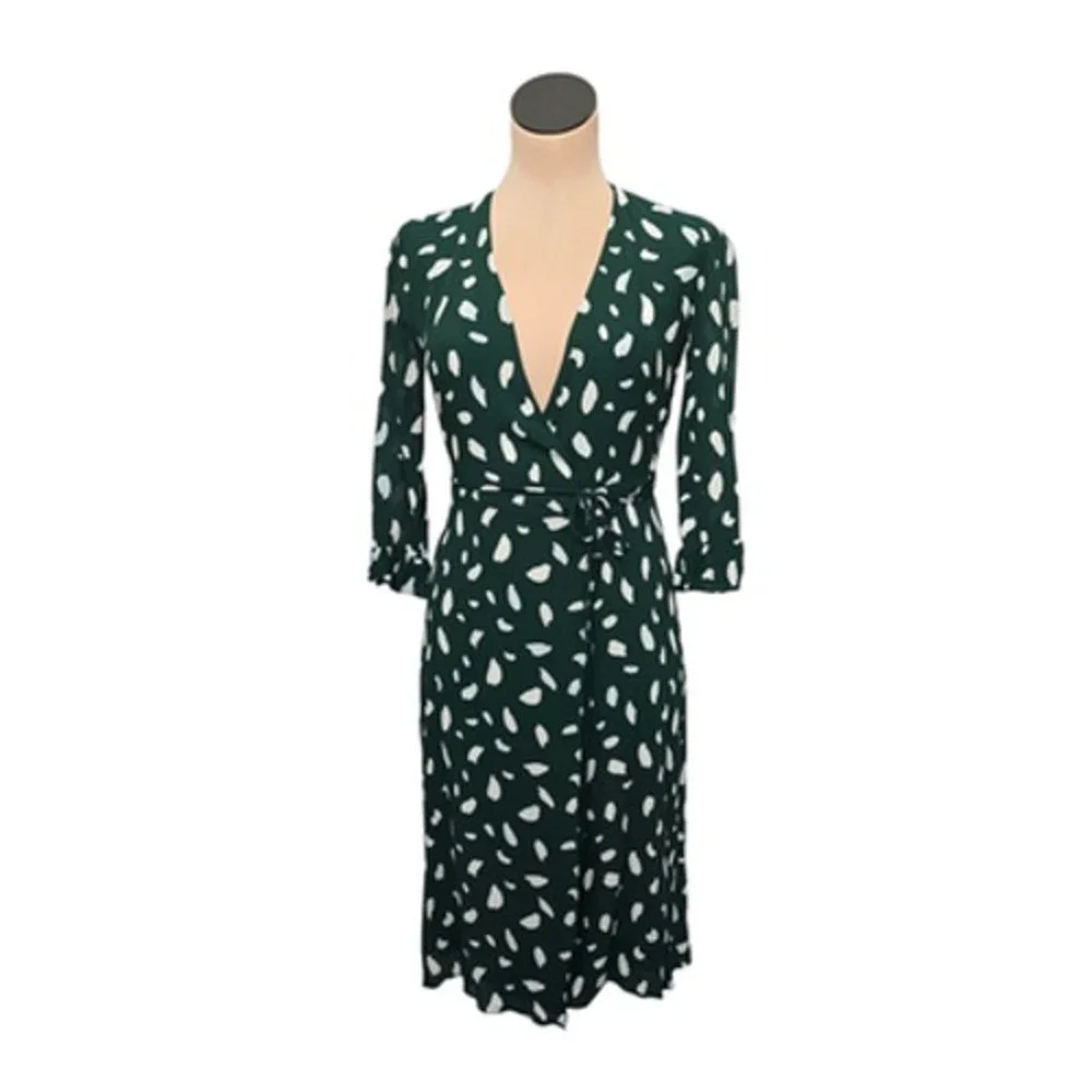 Reformation Dress Womens Small Green Wrap Midi 3/4 Sleeve‎ Tie Waist Dot Print - Picture 2 of 11